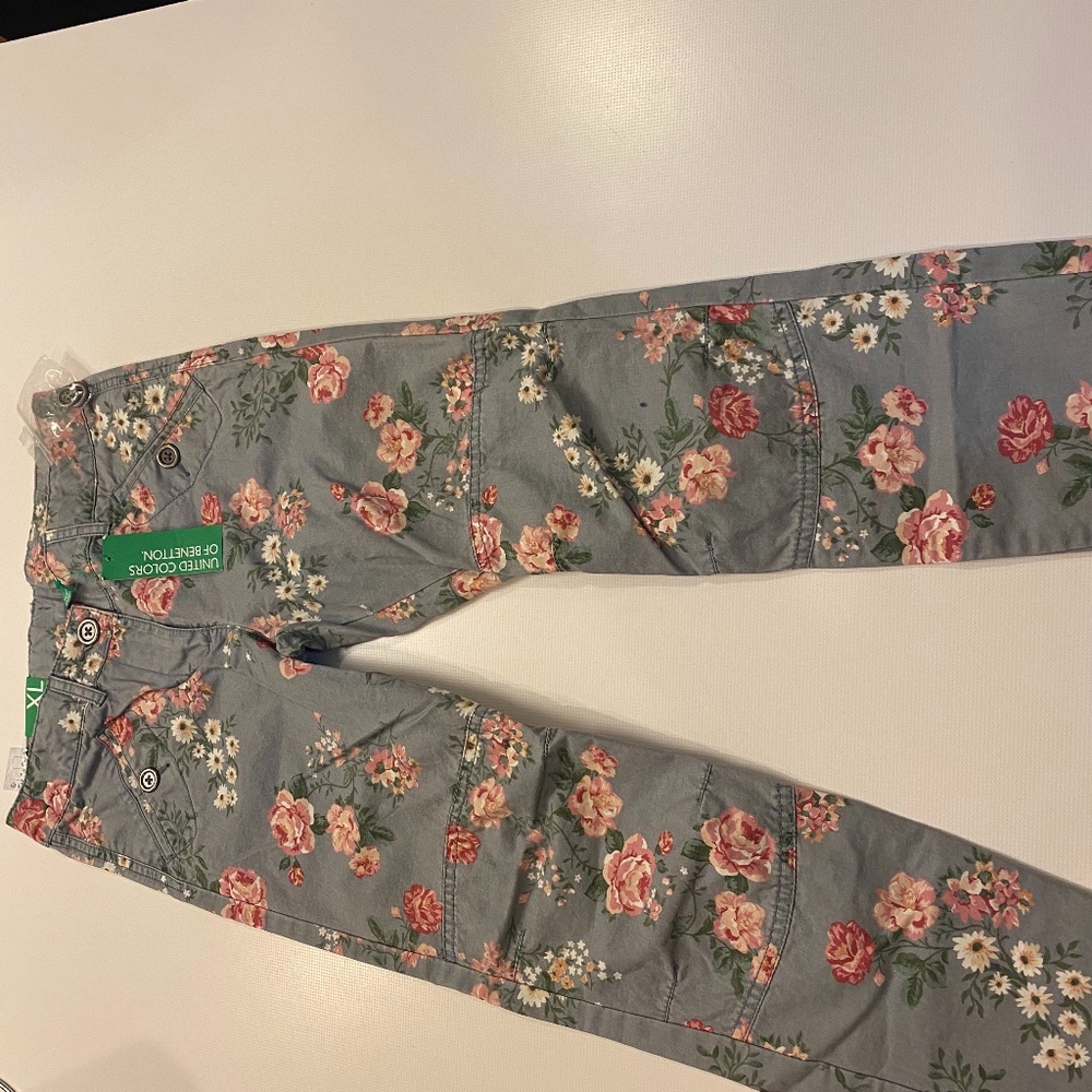 Girls10-11y Benetton Floral Print Blue Denim Pants